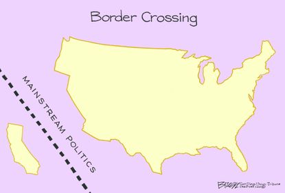 Political cartoon U.S. California mainstream politics border crossing