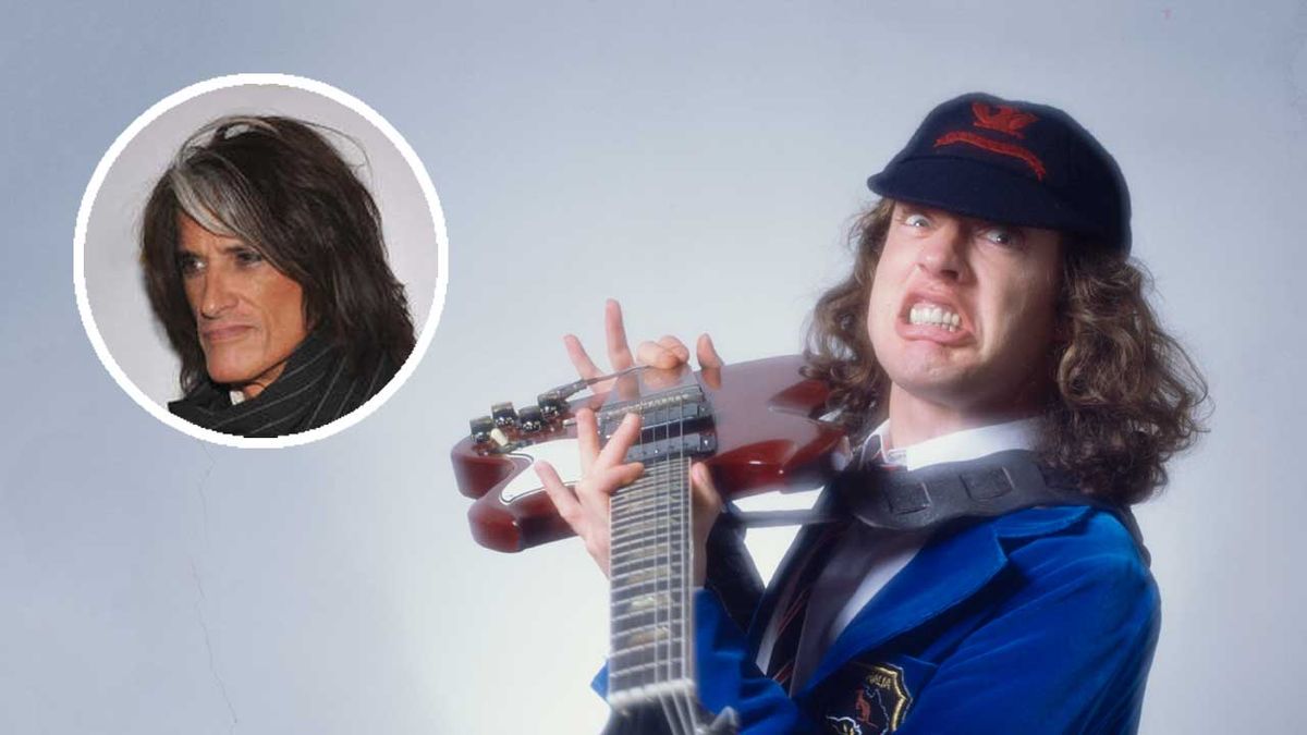 AC/DC&#039;s Angus Young brandishing a guitar and (inset) Joe Perry