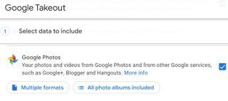 Google Takeout's export options