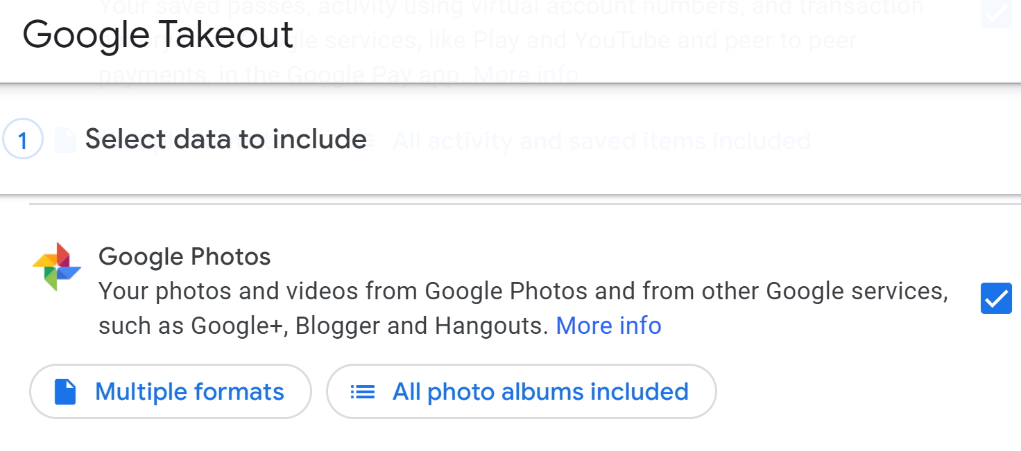 Google Takeout's export options