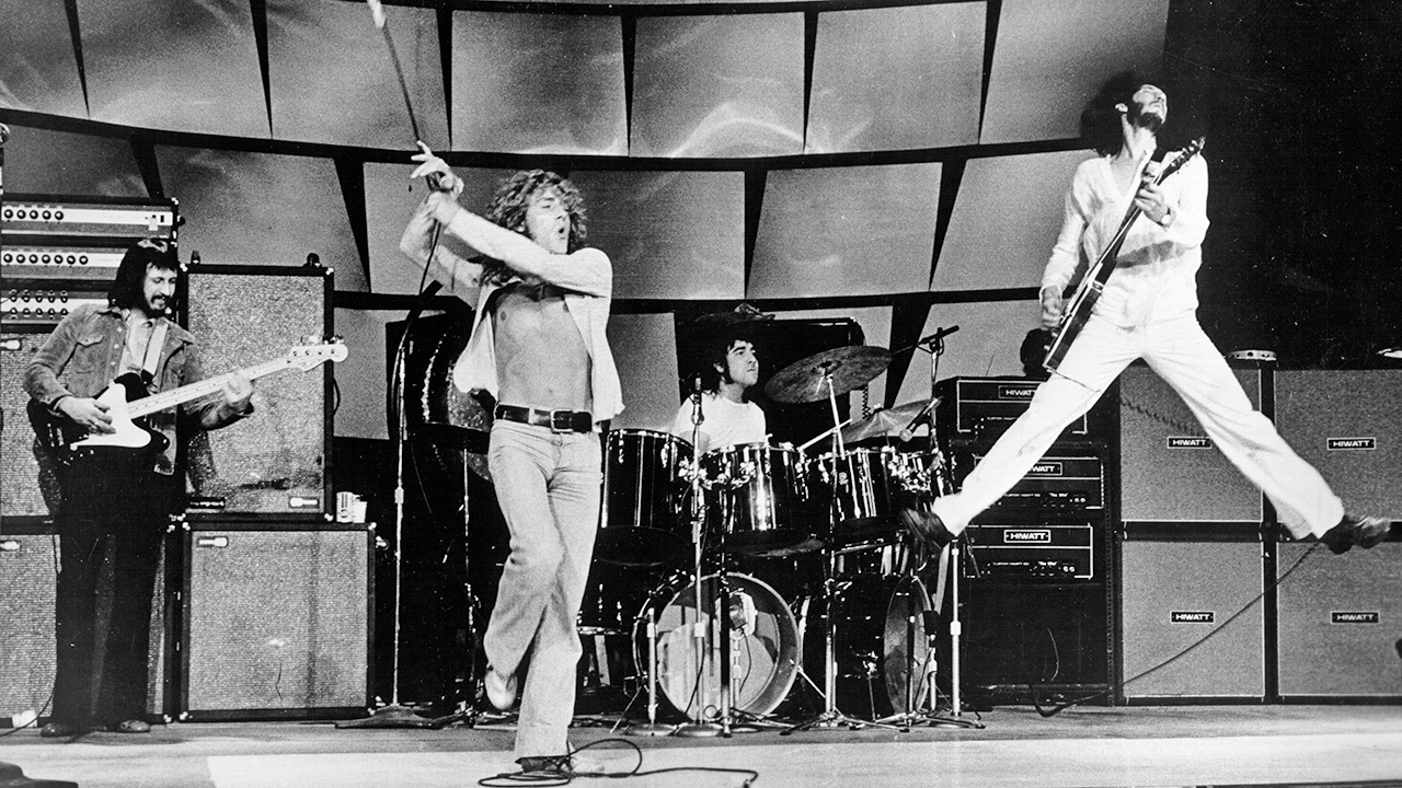 Bassist John Entwistle, singer Roger Daltrey, drummer Keith Moon and guitarist Pete Townshend of The Who perform onstage circa 1973. (Photo by Michael Ochs Archives/Getty Images)