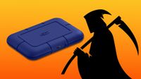 Product photo of a portable SSD alongside a graphic of the grim reaper
