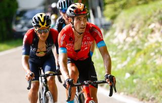 Team Bahrains Spanish rider Mikel Landa R cycles in a breakaway ahead of Team Ineos Ecuadorian rider Richard Carapaz L during the 9th stage of the Giro dItalia 2022 cycling race 191 kilometers between Isernia and the Blockhaus mountain in the Majella national park near Chieti southern Italy on May 15 2022 Photo by Luca Bettini AFP Photo by LUCA BETTINIAFP via Getty Images