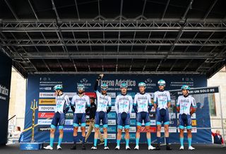 Bahrain Victorious line up at sign on for stage two of Tirreno-Adriatico 2025