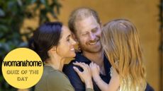 Prince Harry, Meghan and Lilibet in Lilibet's 5th birthday picture, with a Quiz of the Day roundel over the top