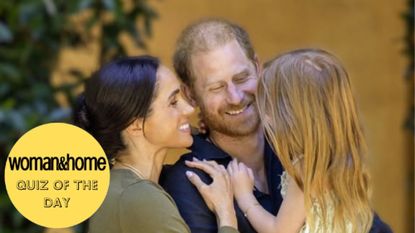 Prince Harry, Meghan and Lilibet in Lilibet's 5th birthday picture, with a Quiz of the Day roundel over the top