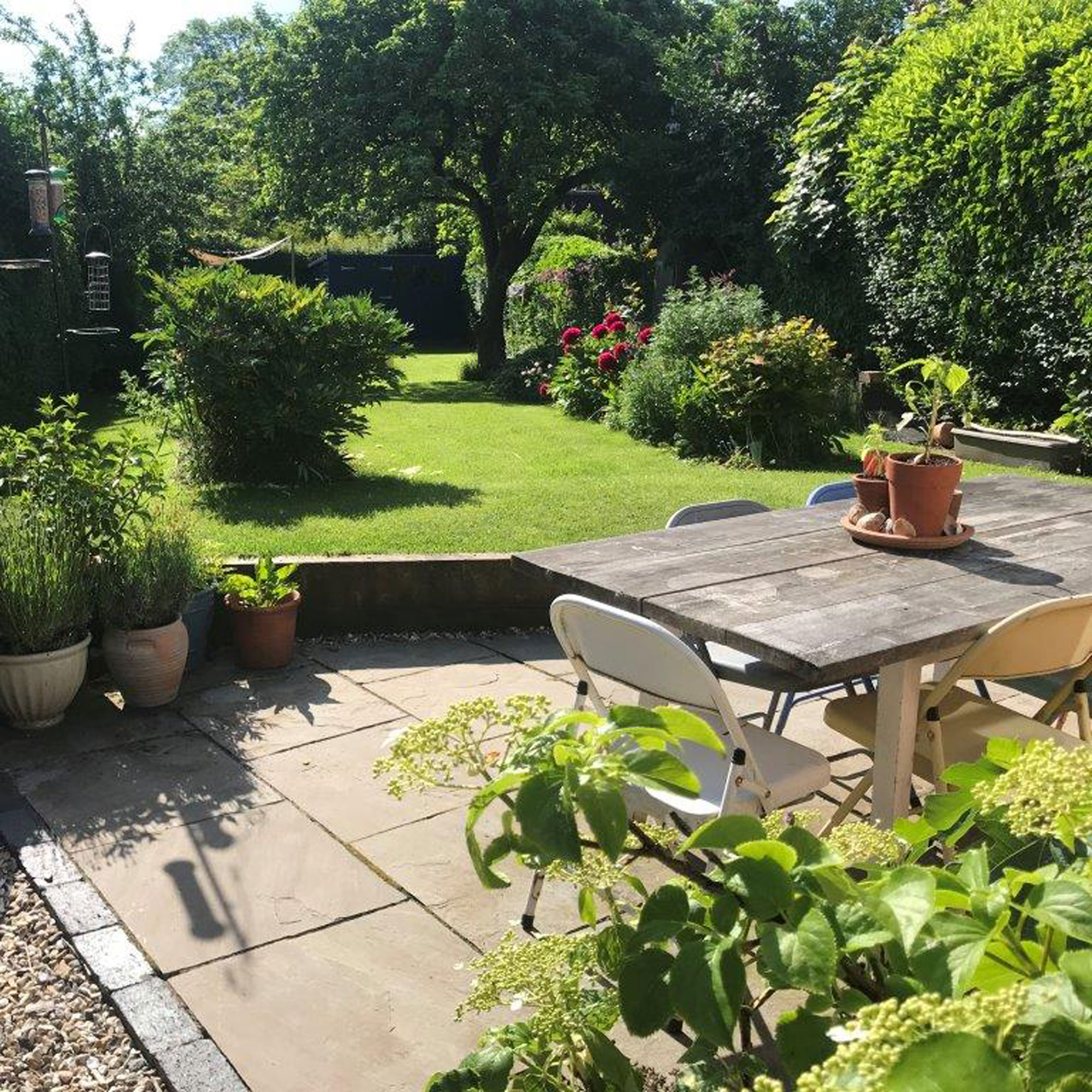 garden in the summer with flowerbeds and small patio with table