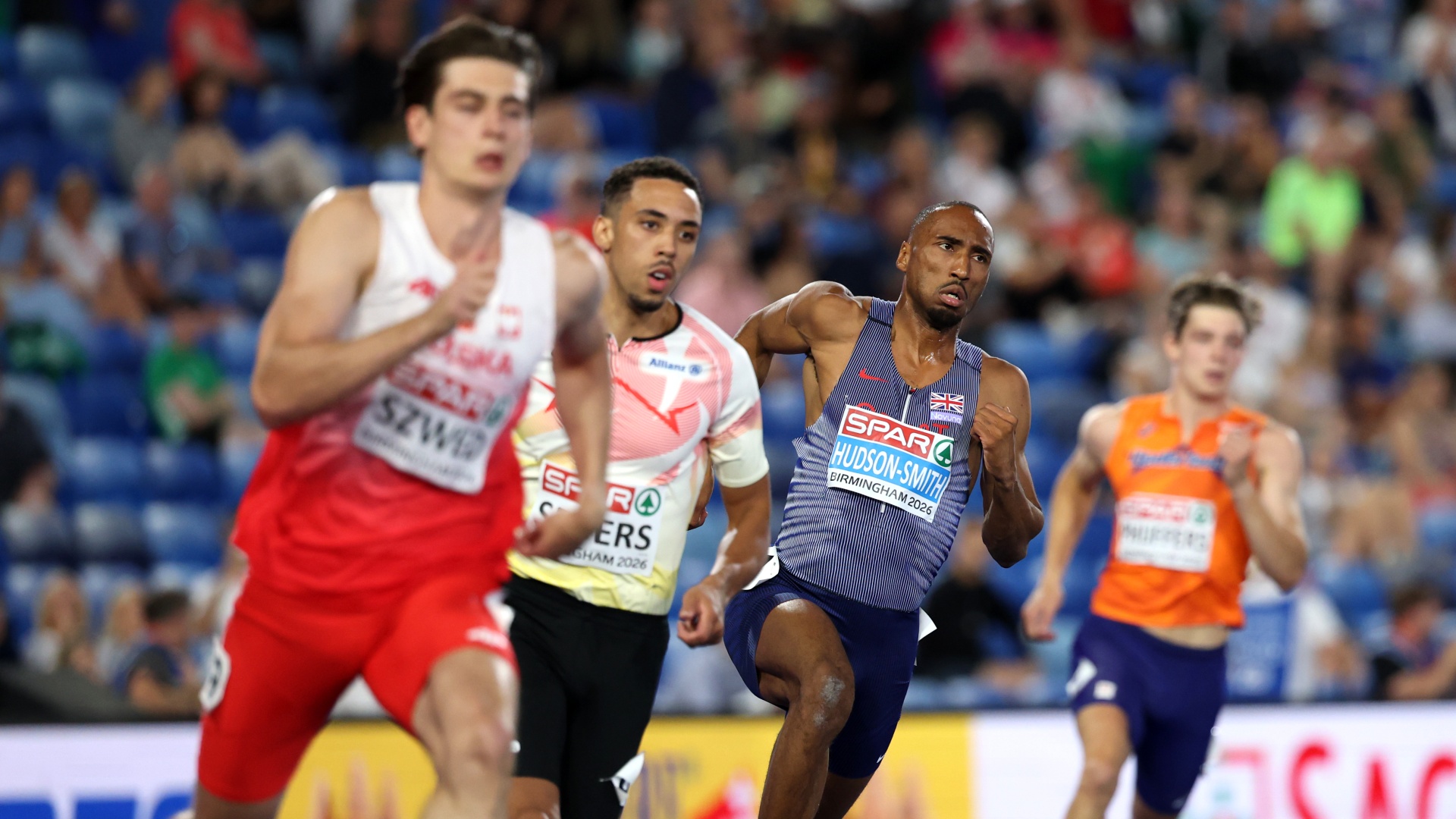 Matthew Hudson-Smith competing in the men's 400m at European Athletics Championships 2026