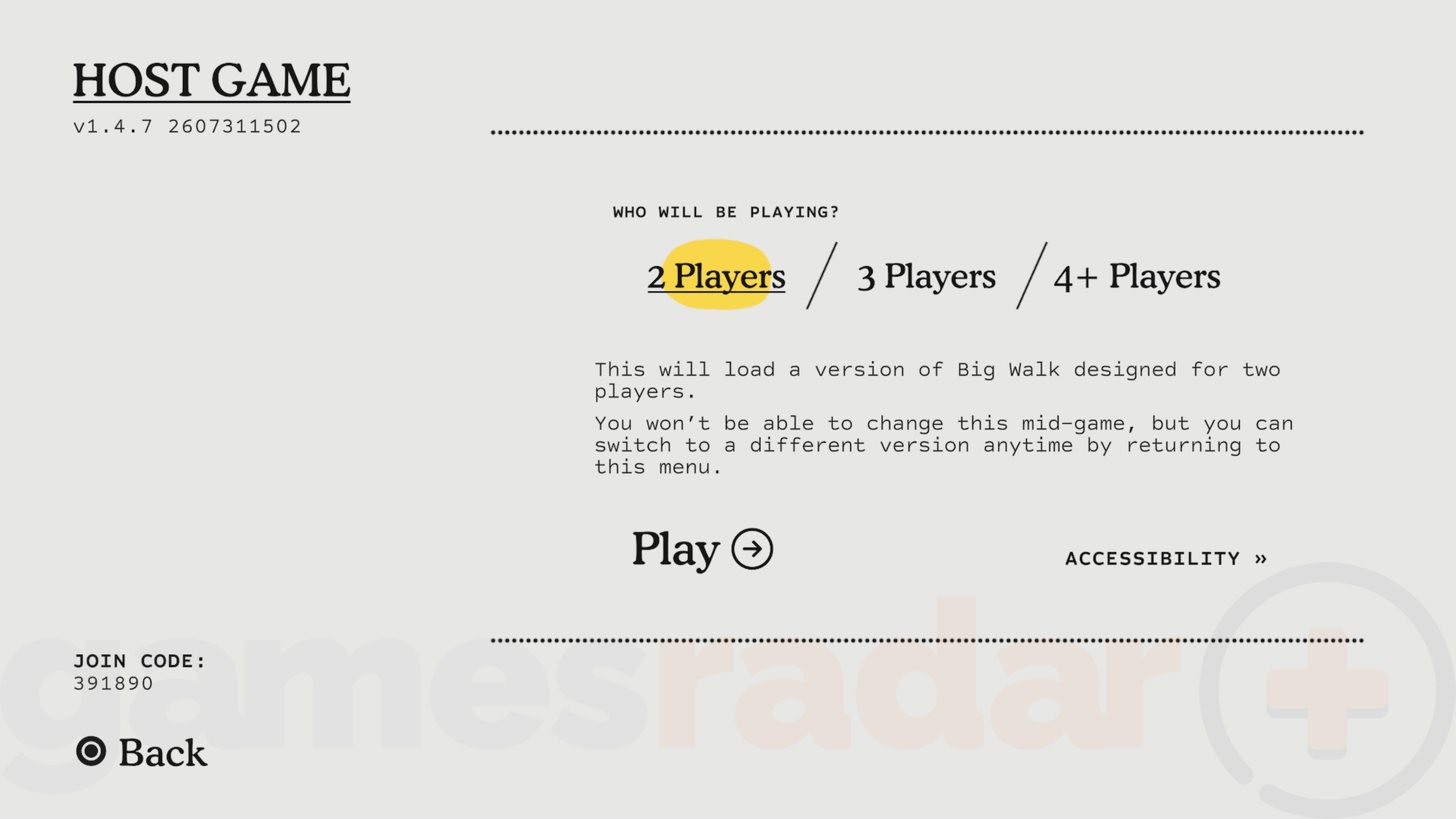 The Big Walk crossplay menu screen to set up hosting a game, which you can then invite your friends to
