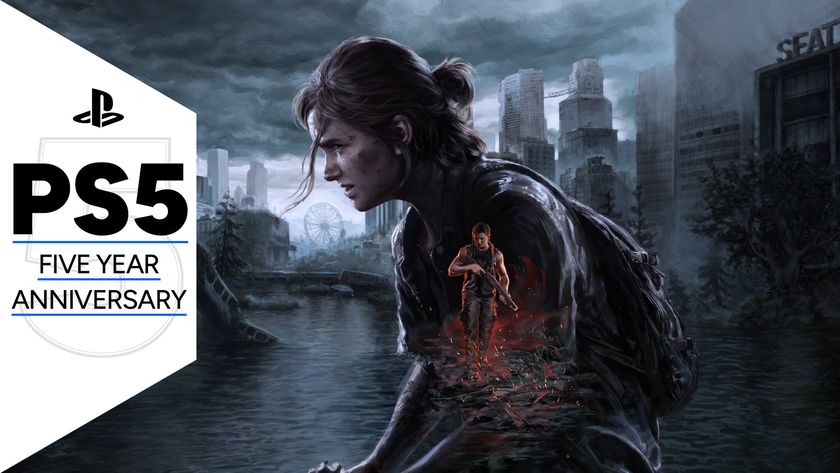 Key art for The Last of Us Part 2 Remastered showing Ellie looking determine with a gun, and a smaller image of Abbie superimposed on top - all with a ruined Seattle behind them - with the PS5 five year anniversary GamesRadar+ frame along the side