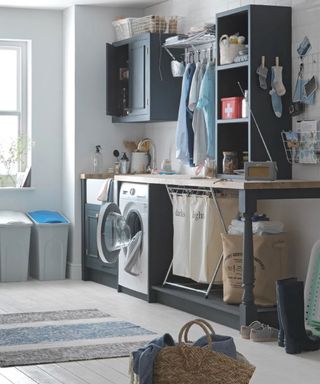 argos laundry room with blue cabinetry, lights and darks laundry bags and a washing machine
