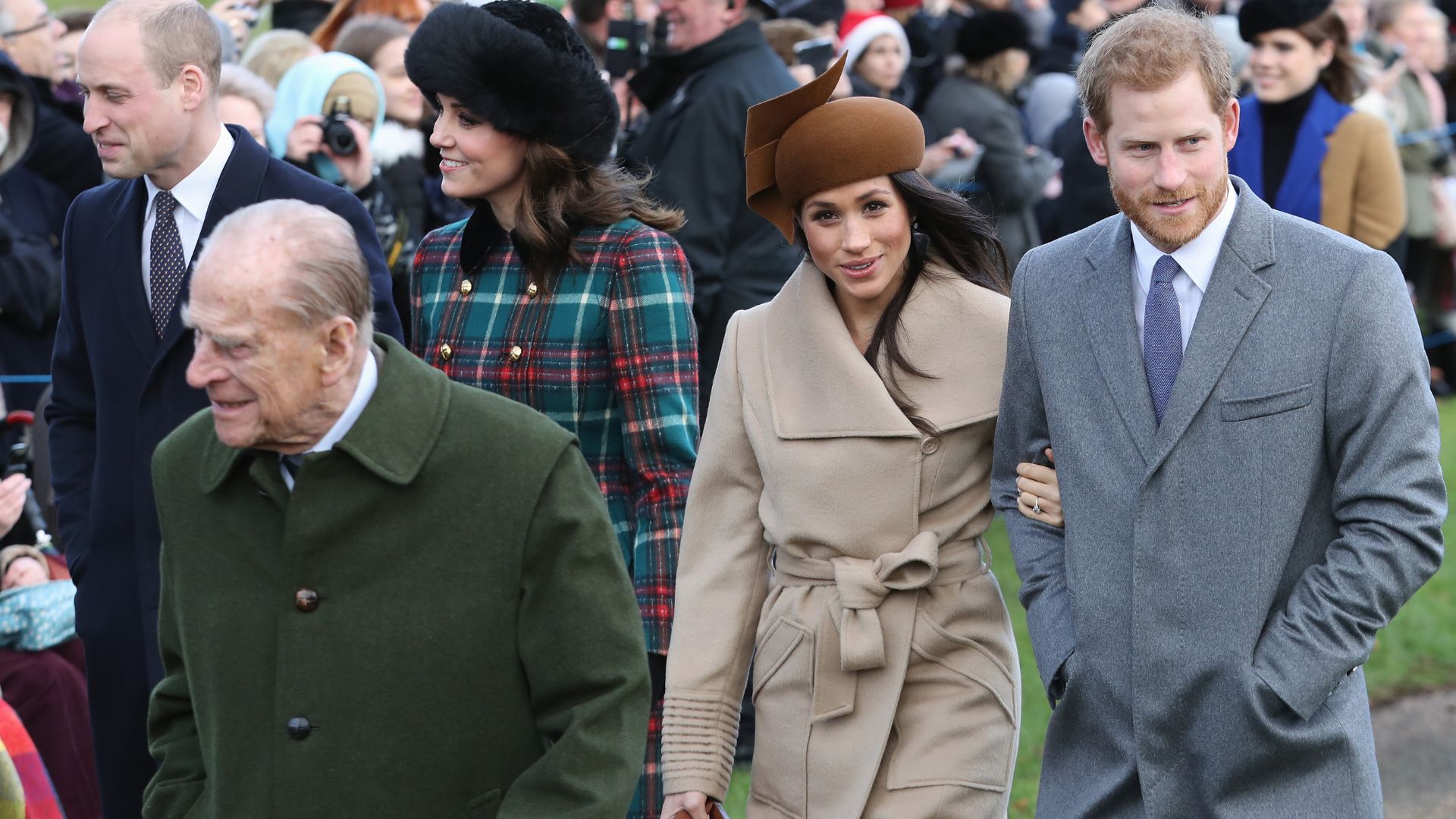 Prince William, Prince Philip, Kate Middleton, Meghan Markle and Prince Harry attend Christmas Day Church service at Church of St Mary Magdalene on December 25, 2017