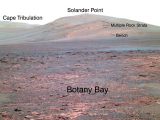 NASA's Mars rover Opportunity captured this view of Solander Point on June 1, 2013. The southward-looking scene, presented in false color, shows Solander Point on the center horizon, "Botany Bay" in the foreground, and "Cape Tribulation" in the far background at left.