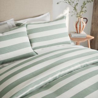 green and white striped bedding