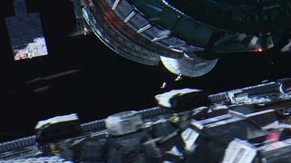 Two astronauts moving through space around the space station in the new film Liu Lang Di Qiu, or 'The Wandering Earth' (2019).