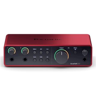 A Focusrite Scarlett 2i2 4th Gen audio interface on a white background