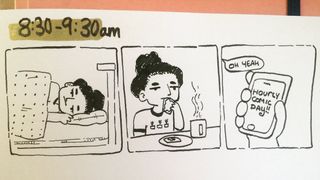 Three panel comic of woman waking up, eating breakfast and checking her phone