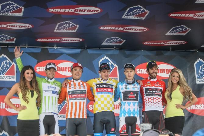The jerseys after stage 2: Kiel Reijnen, Robin Carpenter, Alex Howes, Clement Chevrier and Ben Jacques-Maynes
