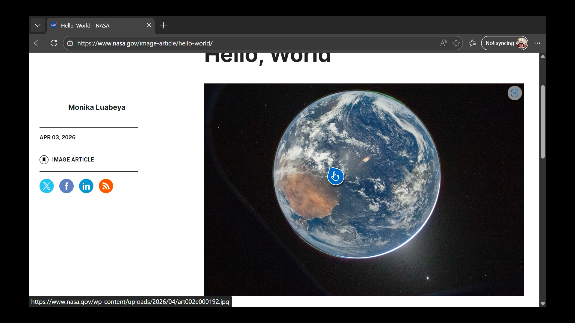 Viewing images from NASA on an Xbox console using Microsoft Edge.