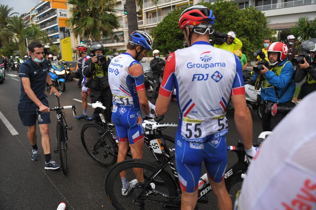 NICE FRANCE AUGUST 29 Thibaut Pinot of France and Team Groupama FDJ Matthieu Ladagnous of France and Team Groupama FDJ Crash during the 107th Tour de France 2020 Stage 1 a 156km stage from Nice Moyen Pays to Nice TDF2020 LeTour on August 29 2020 in Nice France Photo by Tim de WaeleGetty Images