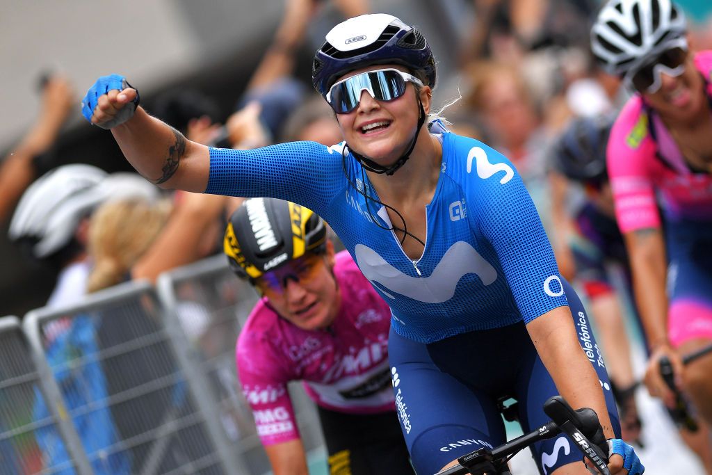 COLICO ITALY JULY 07 Emma Norsgaard Jorgensen of Denmark and Movistar Team stage winner celebrates at arrival during the 32nd Giro dItalia Internazionale Femminile 2021 Stage 6 a 155km stage from Colico to Colico GiroDonne UCIWWT on July 07 2021 in Colico Italy Photo by Luc ClaessenGetty Images