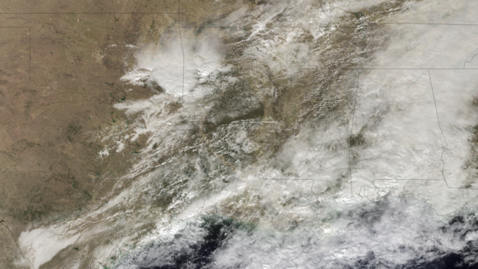 Satellite image of a line of severe storms sweeping across the South on Feb. 1.