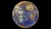 A false-color image of Mercury generated from images taken by the MESSENGER spacecraft to enhance "chemical, mineralogical, and physical differences between the rocks that make up Mercury's surface."