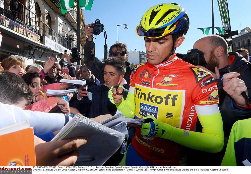 Alberto Contador (Tinkoff-Saxo) signs autographs at the stage 2 start