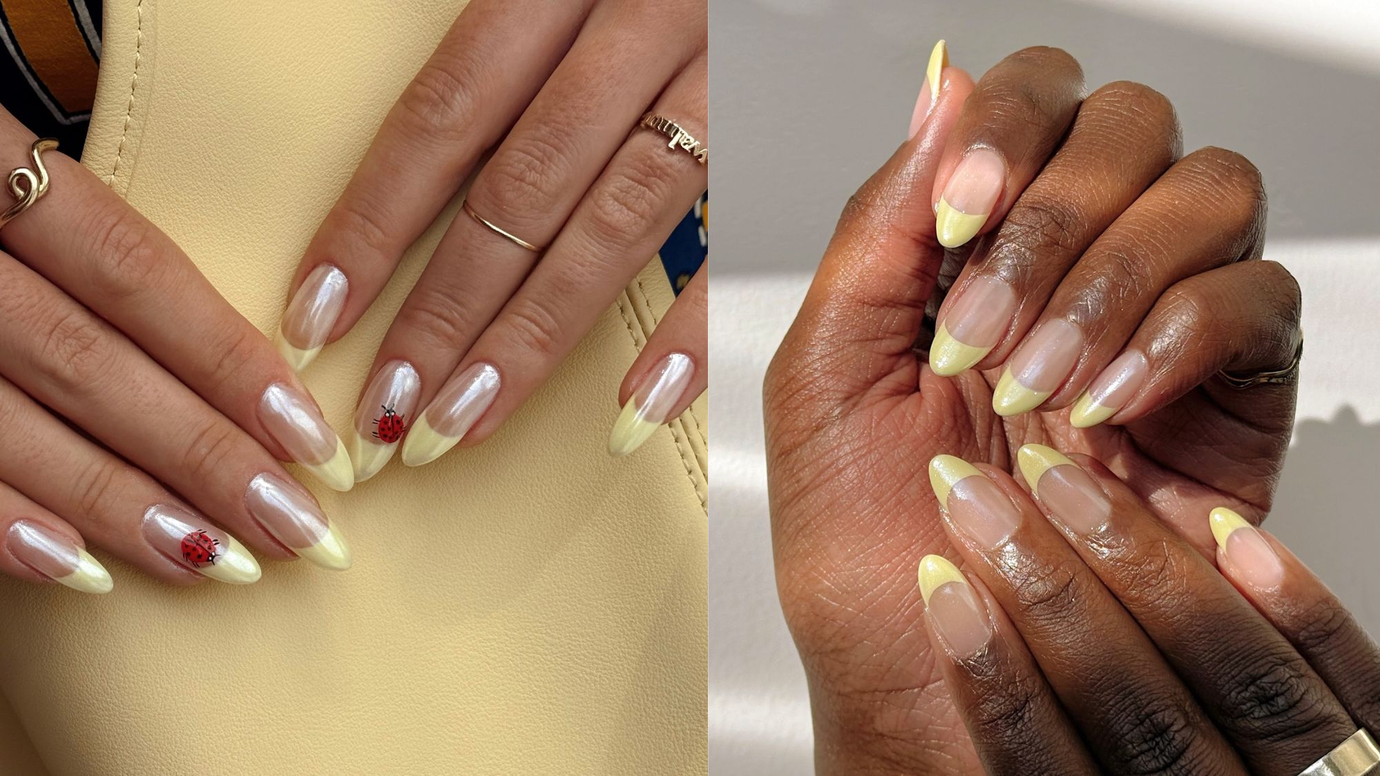 An image of a person's hands with a yellow chrome manicure.