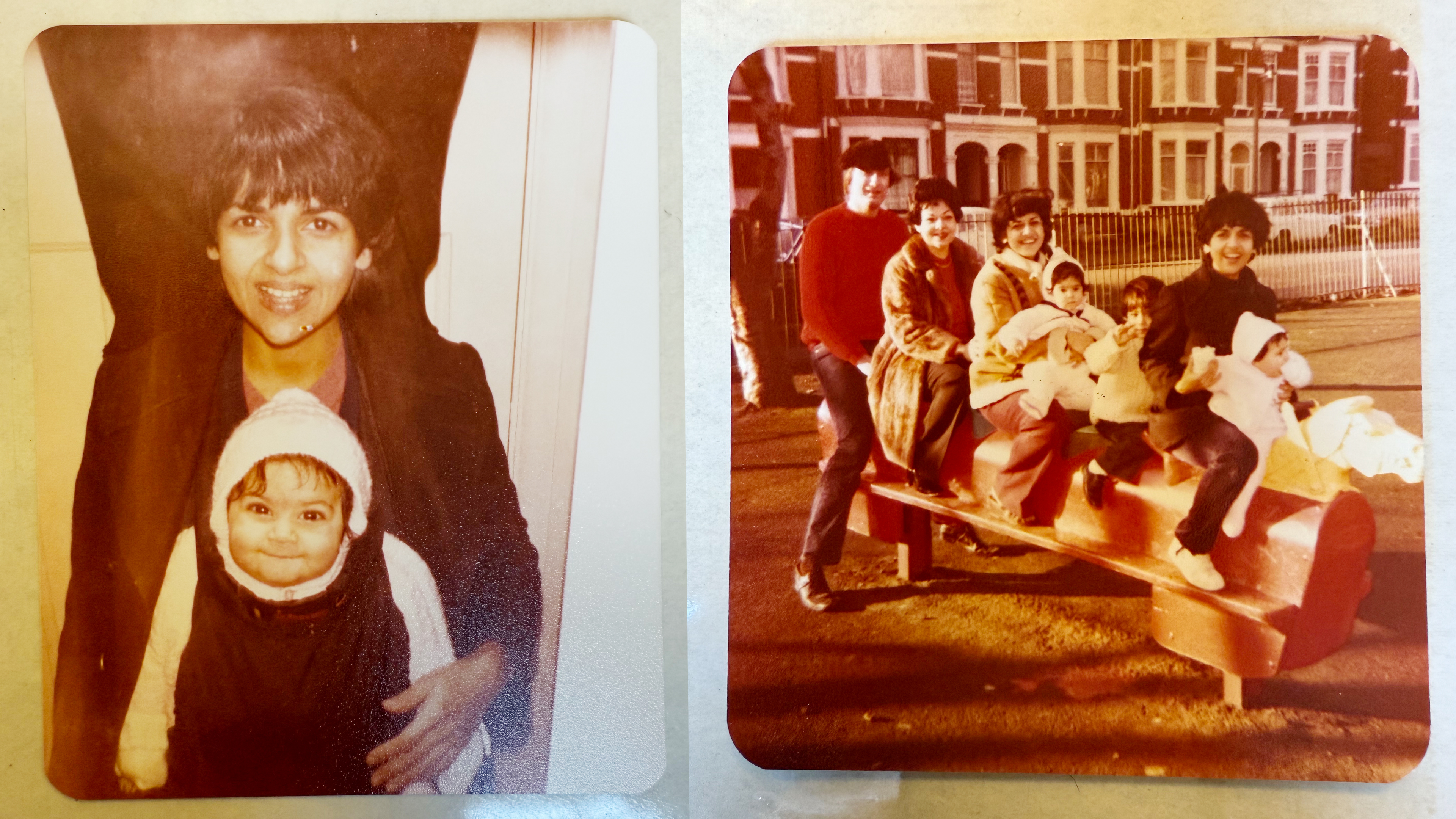 Two photos from early 80s photo album showing mother and baby and family together on wooden horse in park
