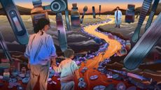 A cartoon of a woman holding the hand of her child as they walk through a path 