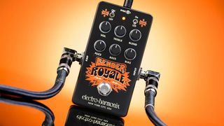 Electro-Harmonix Bender Royale: the new Tone Bender-inspired fuzz arrives in a black enclosure with orange graphic and has six knobs for precise control over your tone.