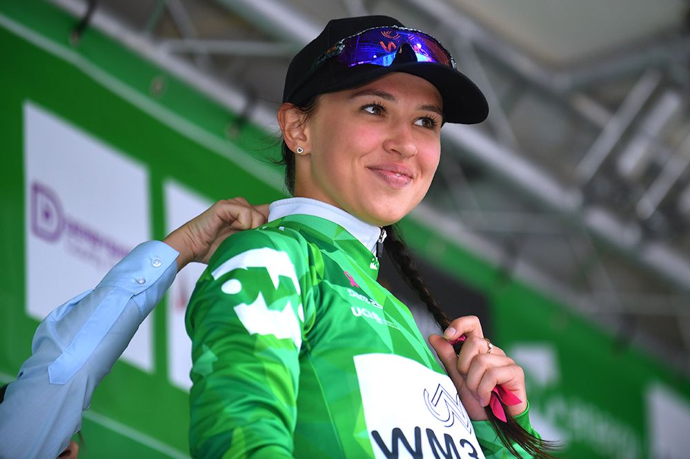 Kasia Niewiadoma in the green leader's jersey at the Women's Tour