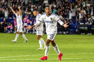 Douglas Costa celebrates after scoring for LA Galaxy against Portland Timbers in September 2023.