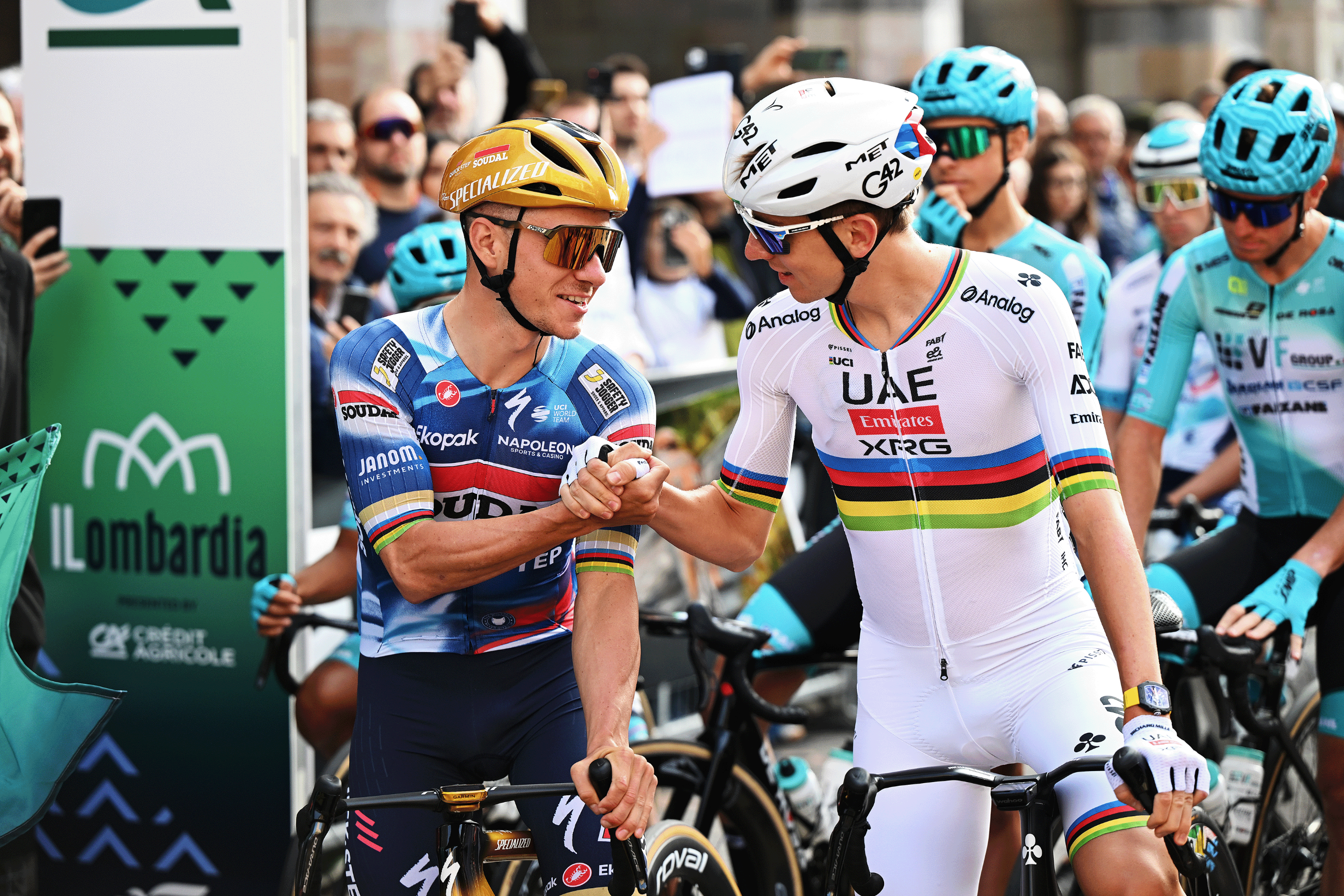 Remco Evenepoel of Belgium and Team Soudal Quick-Step and Tadej Pogacar of Slovenia and Team UAE Team Emirates prior to the 119th Il Lombardia 2025 a 241km one day race from Como to Bergamo on October 11, 2025 in Como, Italy. (Photo by Dario Belingheri/Getty Images)