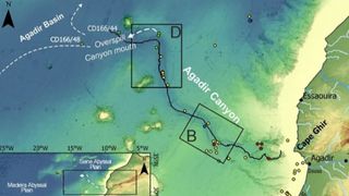 Map showing the northwest coast of Africa and the Agadir Canyon, with a line tracing the path of the underwater avalanche.