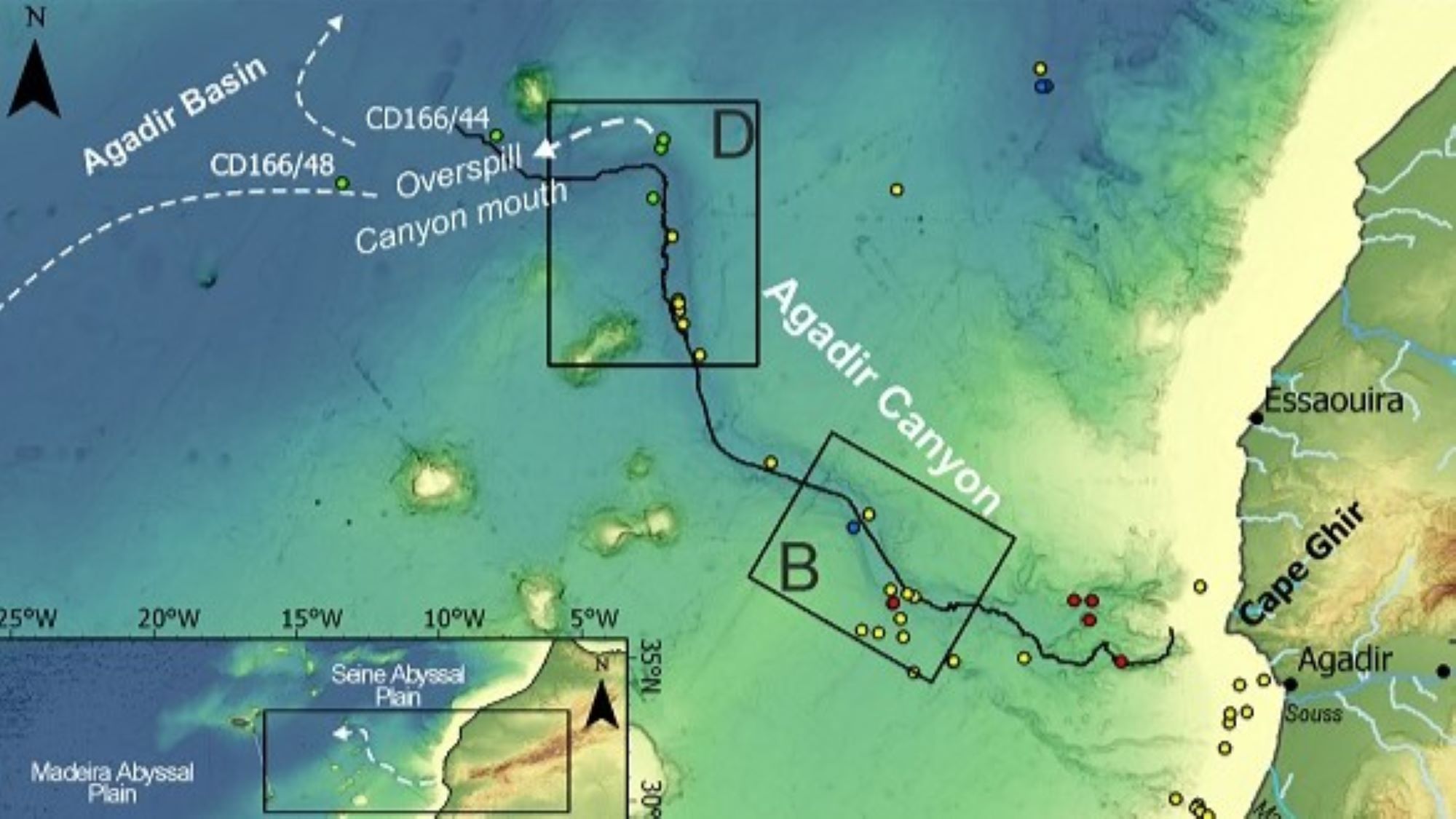 Map showing the northwest coast of Africa and the Agadir Canyon, with a line tracing the path of the underwater avalanche.