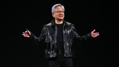 Nvidia CEO Jensen Huang pictured on stage during a keynote speech at the 2025 Consumer Electronics Show (CES) in Las Vegas, Nevada, USA.