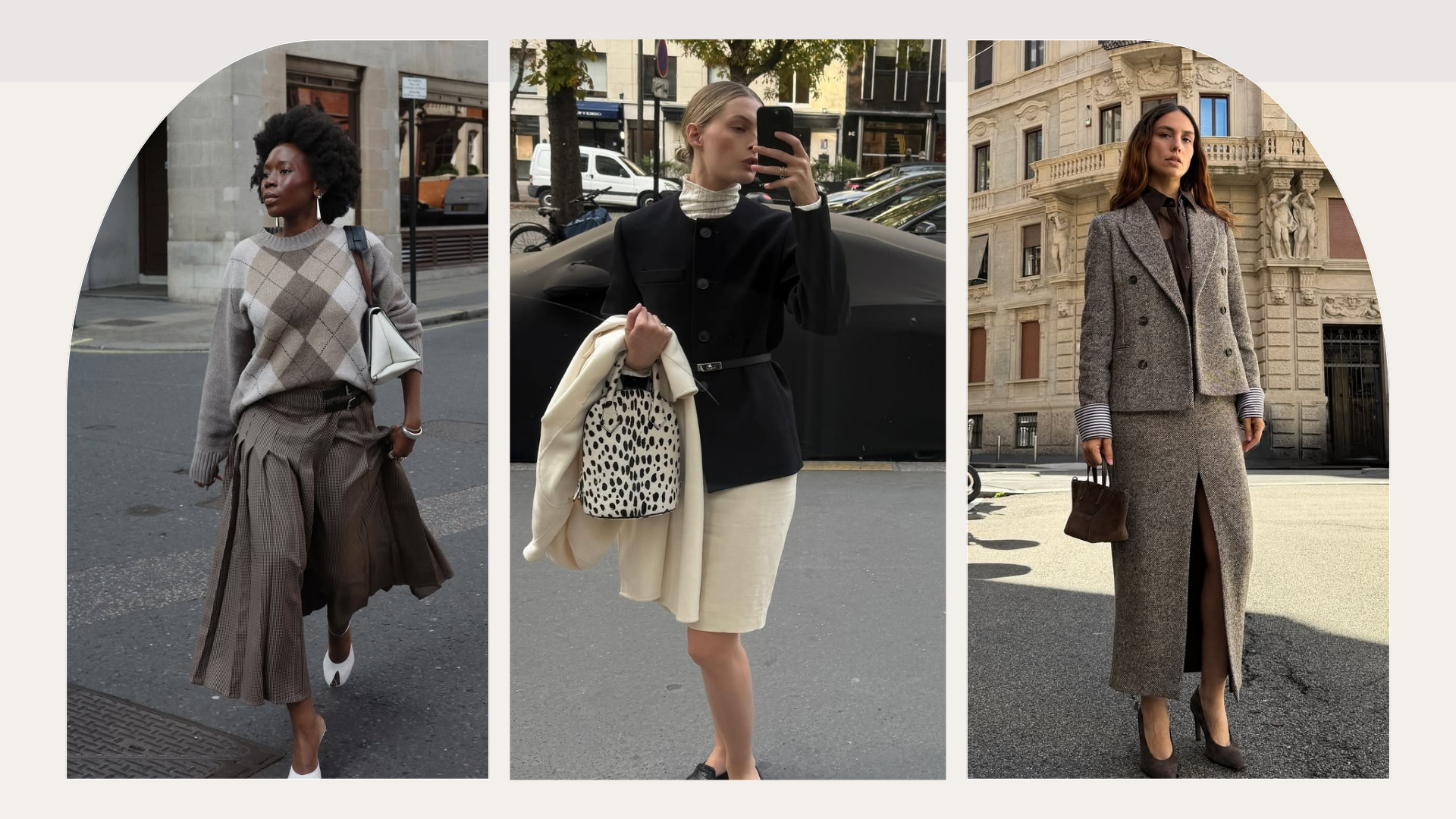 Influencers Christie Tyler, Erika Boldrin and Danielle Jinadu wearing 2026 skirt trends. 