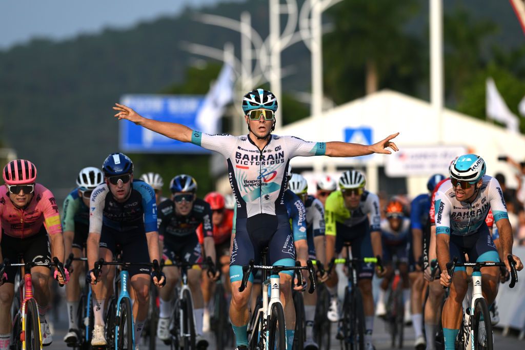NANNING CHINA OCTOBER 20 Matevz Govekar of Slovenia and Team Bahrain Victorious celebrates at finish line as stage winner ahead of Robert Stannard of Australia and Team Bahrain Victorious R during the 5th GreeTour of Guangxi 2024 Stage 6 a 134km stage from Nanning to Nanning UCIWT on October 20 2024 in Nanning China Photo by Dario BelingheriGetty Images