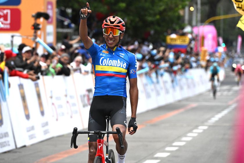 Egan Bernal celebrates his Colombia teammate’s stage win