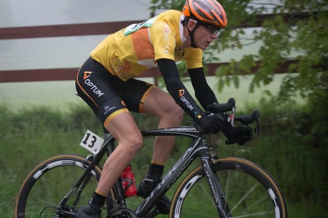 Overall race leader Chad Haga, with his rain jacket tucked in the back of his jersey, successfully defended his race lead in Saturday's road race.