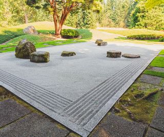 Japanese zen garden with raked gravel and boulders