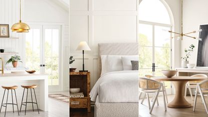 white kitchen, white bedroom, and white dining room