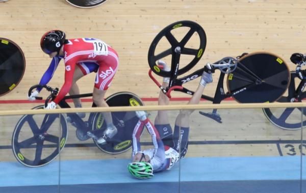 Elena Brezhniva hits the deck in the women's keirin heat