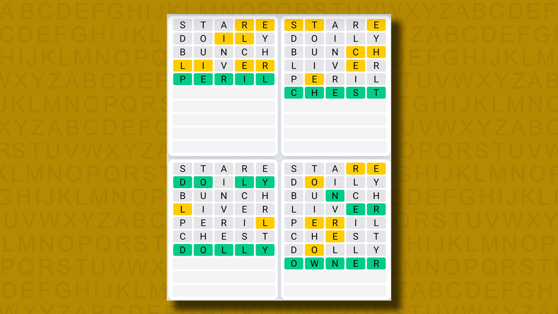 Respuestas de la secuencia diaria de Quordle para el juego 880 sobre un fondo amarillo