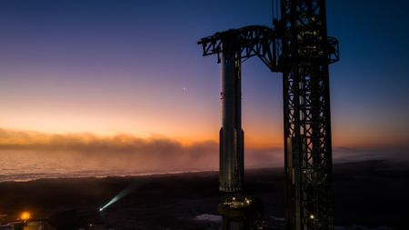 SpaceX places the Starship Flight 8 Super Heavy booster atop the orbital launch mount at its Starbase site ahead of a planned Feb. 28, 2025 liftoff. The company posted this photo on X on Feb. 25.