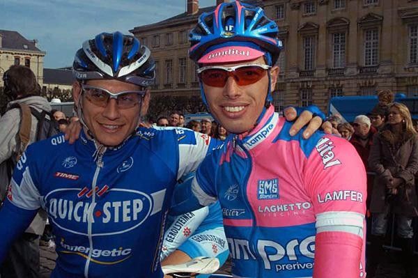 Filippo Pozzato (Quick.Step) and Alessandro Ballan (Lampre-Fondital) all smiles