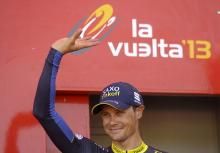 Nicolas Roche (Saxo-Tinkoff) celebrates on the podium after winning stage 2 of the 2013 Vuelta a Espana