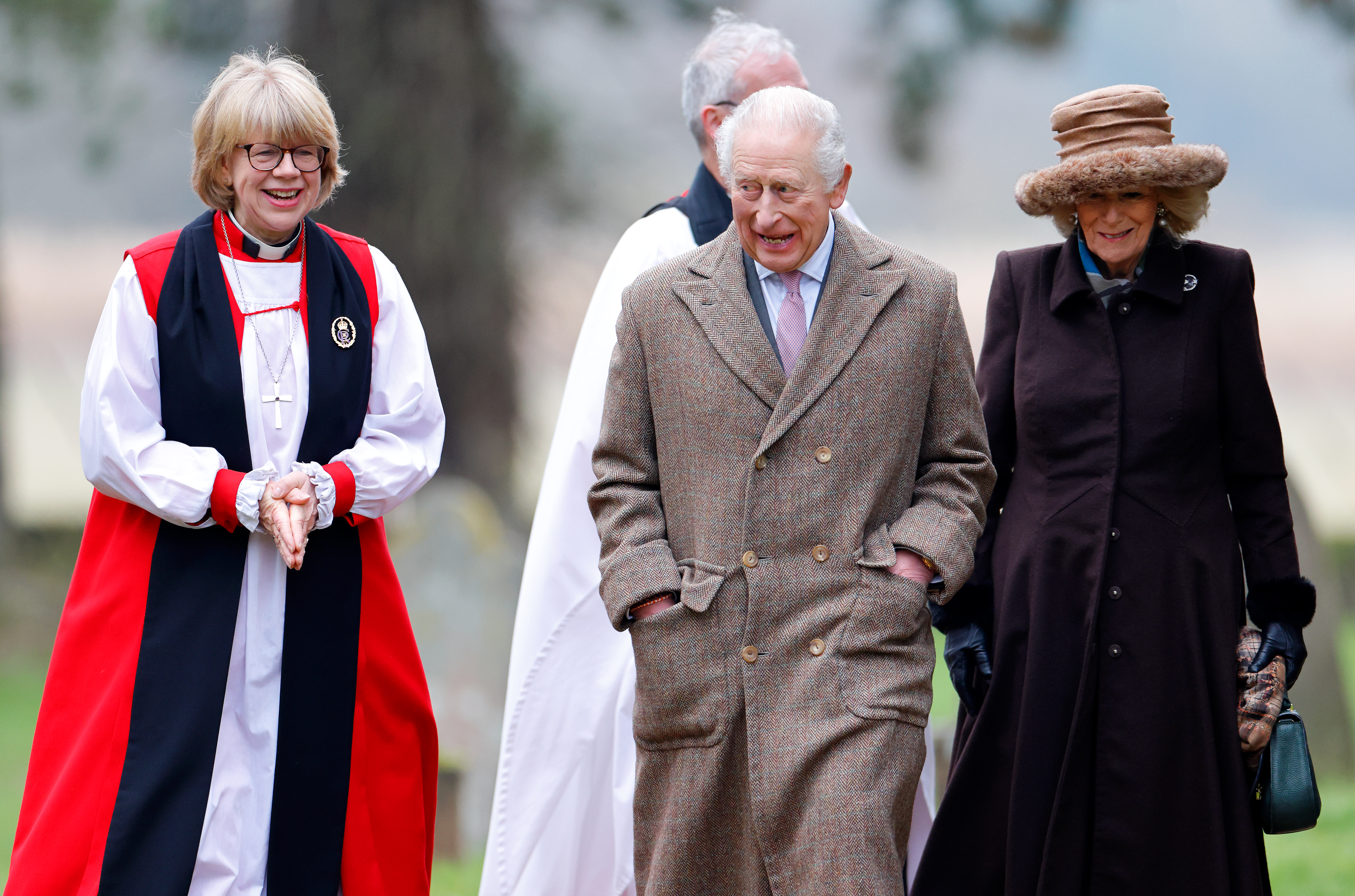 SANDRINGHAM, NORFOLK - JANUARY 25: (EMBARGOED FOR PUBLICATION IN UK NEWSPAPERS UNTIL 24 HOURS AFTER CREATE DATE AND TIME) Bishop Sarah Mullally, Archbishop of Canterbury designate, (wearing a King Charles III royal cypher brooch), King Charles III and Queen Camilla attend Sunday service at St Peter&amp;amp;apos;s Church, Wolferton on the Sandringham Estate on January 25, 2026 in Sandringham, Norfolk. Dame Sarah Mullally, Bishop of London and Archbishop of Canterbury designate, who legally becomes the 106th Archbishop of Canterbury on January 28, preached the sermon. (Photo by Max Mumby/Indigo/Getty Images)